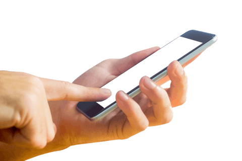 Caucasian hand using smartphone on transparent background