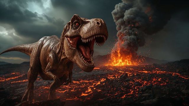 Fierce tyrannosaurus rex crossing volcanic landscape