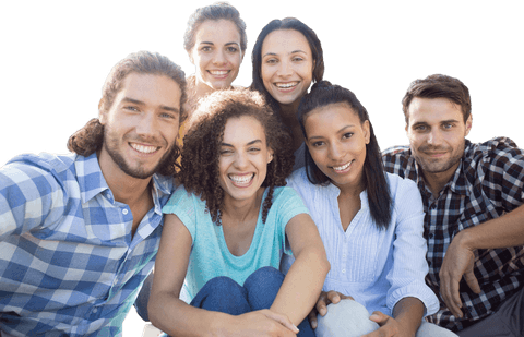 Smiling diverse group of friends outdoors on transparent background