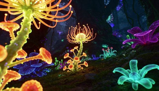 Neon bioluminescent forest featuring glowing orange filament mushroom bloom
