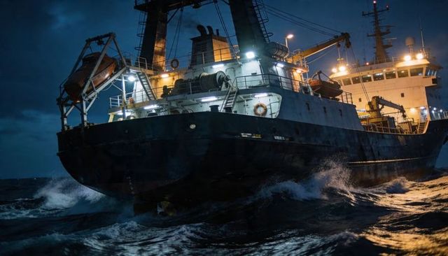 Working offshore vessel navigating rough night sea with lit deck, lifeboat, winches