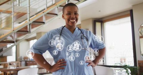 Smiling nurse standing in modern clinic connecting with patients through telehealth network