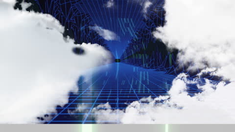 Futuristic Neon Landscape with Digital Grid and Clouds