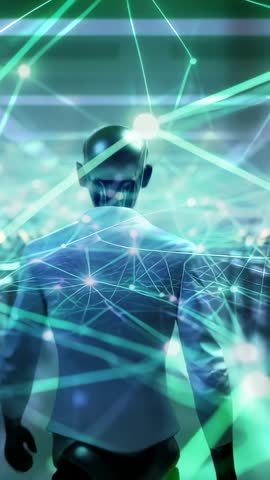 Android Turning Through Neon Neural Network Toward Glowing Orb | Vertical Futuristic Tech Video