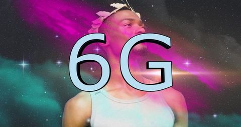 Man in Cosmic Background with 6G Technology Imagery