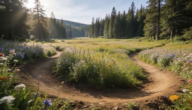 Winding curved dirt path encircling wildflower meadow bathing in golden morning sunlight