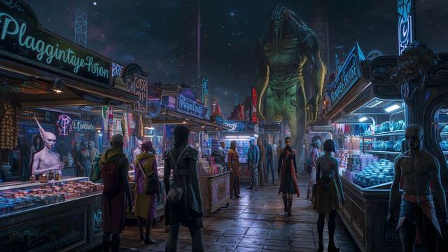 Futuristic Neon Market Bustling with Extraterrestrial Presence