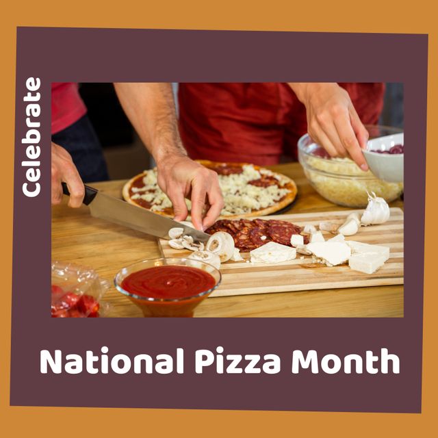 Caucasian man cutting mushrooms, woman making pizza on table at home and national pizza month text. Composite, midsection, couple, love, together, pizza, food, preparation enjoyment and celebration.