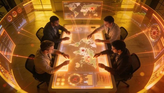 Crisis response team coordinating global outbreak analytics on holographic control table