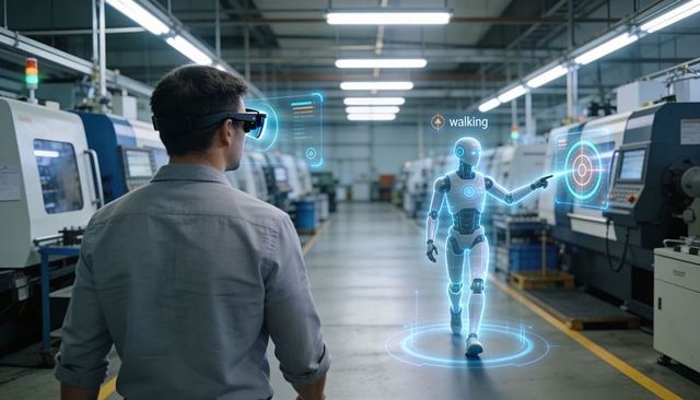 Engineer using ar headset projecting holographic robot for industrial automation training
