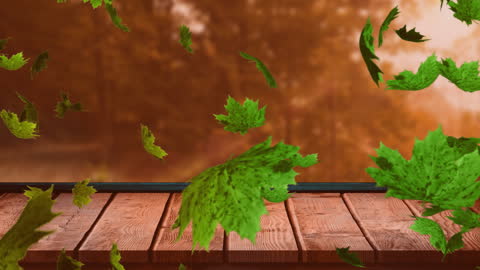 Autumn Leaves Falling Over Rustic Wooden Surface