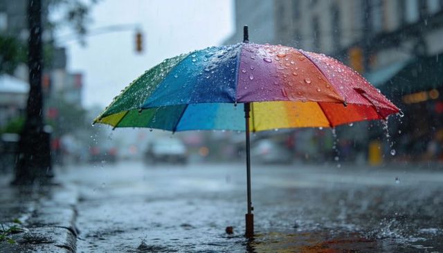Rainbow umbrella standing in heavy rain on urban street with wet puddles and reflections