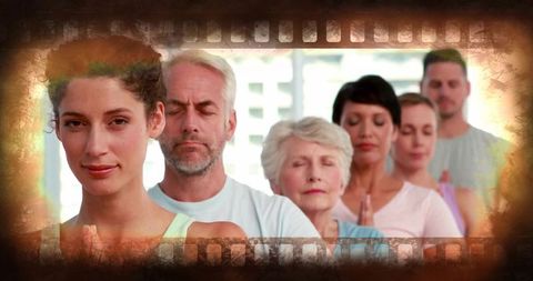 Sunlit yoga group meditating in studio with vintage filmstrip border for wellness