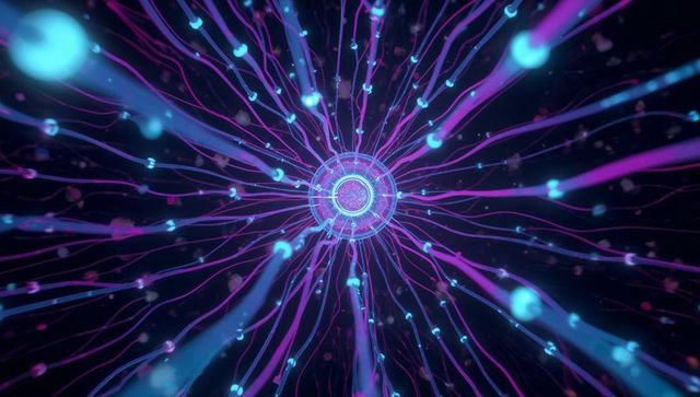 Pulsing neon core radiating luminescent tendrils and glowing nodes on dark tech backdrop