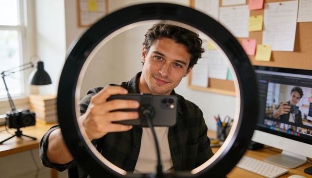 Male creator recording with ring light and smartphone, desktop preview in home office