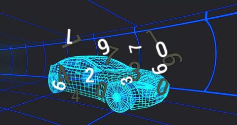Futuristic Neon Wireframe Car with Floating Numbers in Digital Tunnel