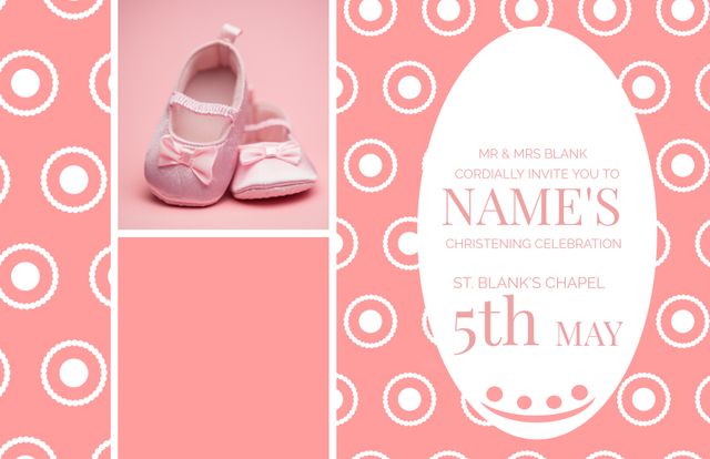 Elegant christening invitation card with a pink and white color scheme, featuring adorable baby shoes. Ideal for parents announcing their baby girl's christening ceremony. Can be used for digital invitations or to print and mail to guests.