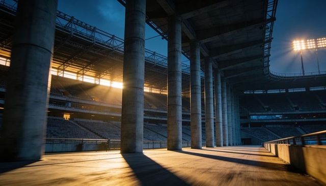 Sunset light casting dramatic angled shadows along stadium columned concourse