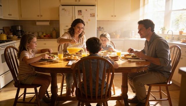 Sunlit family breakfast around wooden kitchen table pouring orange juice and sharing meal