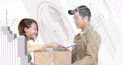 Courier handing package, customer signing on clipboard with logistics analytics overlays