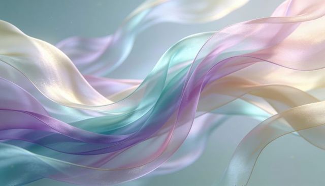 Ethereal pastel silk ribbons flowing in iridescent waves soft abstract fabric background