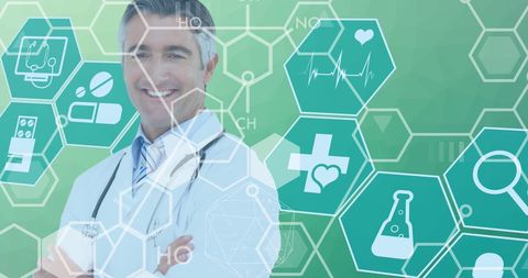 Confident Doctor with Stethoscope Surrounded by Medical Technology Icons - Download Free Stock Images Pikwizard.com