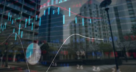 Data Visualization Over Urban Cityscape Indicating Global Finance Trends