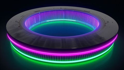 Neon Toroidal Ring with LED Fins and Symmetric Glow for Futuristic Tech Design