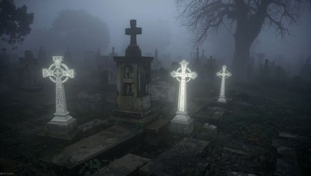 Misty Cemetery with Glowing Stone Crosses and Stele