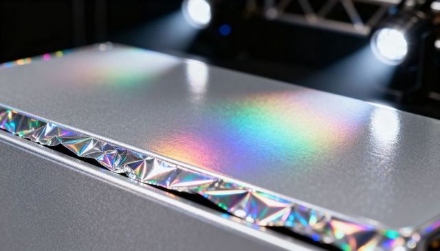 Matte silver stage platform with holographic foil trim casting rainbow light reflections