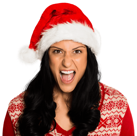 Irritated Woman Wearing Santa Hat in Festive Clothing on Transparent Background