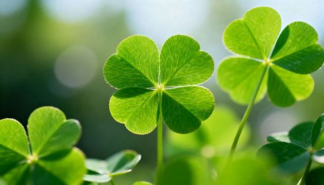 Sunlit four-leaf clover glowing with translucent veins in soft bokeh closeup spring greens