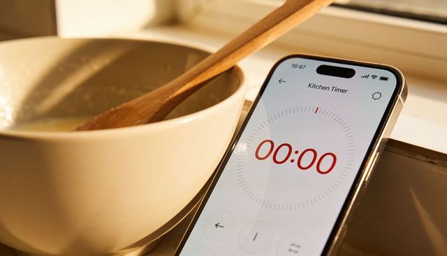 Kitchen timer showing 00:00 on smartphone beside ceramic mixing bowl with wooden spoon