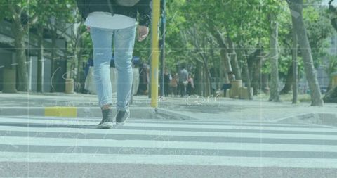 Walking across zebra crosswalk in blue jeans with translucent equations overlay