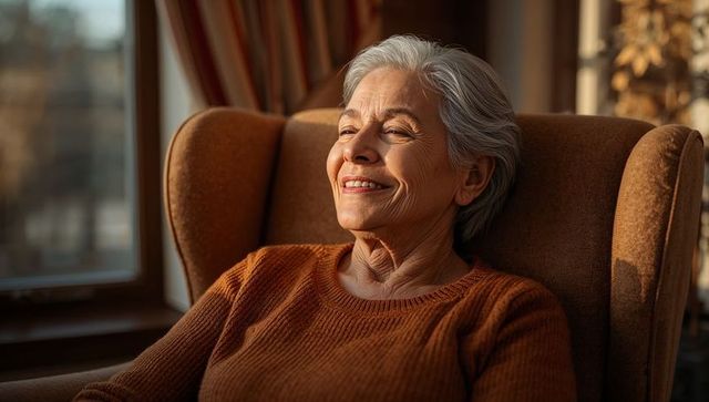 Senior woman smiling, relaxing in sunlit armchair for cozy home retirement lifestyle
