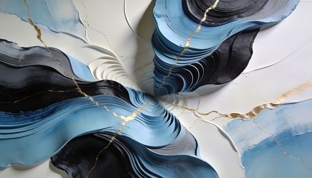 Textured blue black gold vortex abstract painting with impasto metallic veins