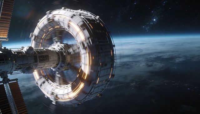 Rotating orbital habitat ring attached to truss above Earth limb with glowing modules