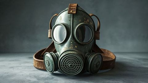 Vintage first world war green gas mask on tabletop with straps and canisters