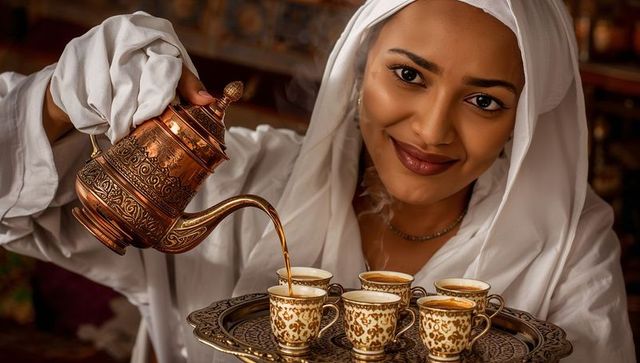 Woman in white hijab pouring traditional arabic coffee from ornate copper dallah