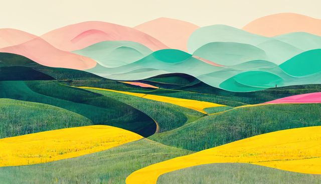 This image shows a colorful abstract landscape featuring rolling hills in vivid and pastel hues. It conveys a surreal, artistic scenery perfect for backgrounds, wallpapers, or promotional materials that require an eye-catching design. Excellent choice for graphic designers, artists, or companies looking to add a pop of color and creativity to their visual content.