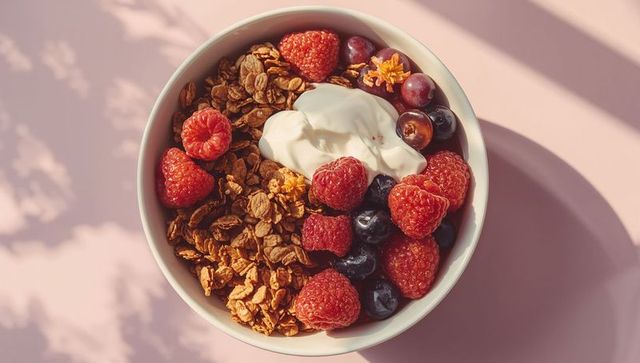 Organic breakfast bowl with granola, yogurt, and fresh berries