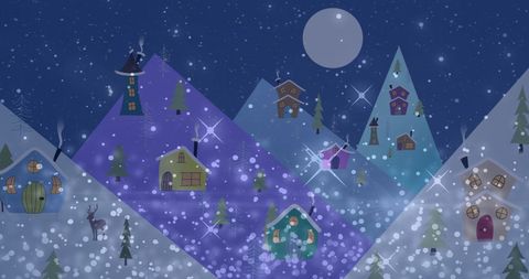 Whimsical winter night with snowy village and moonlit sky