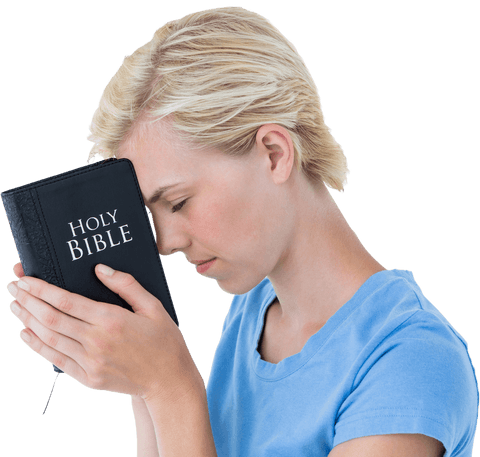 Blond woman holding bible with prayerful intent on transparent background