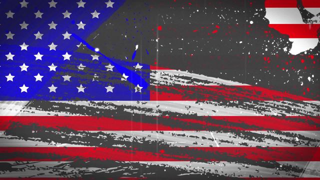 This artwork features a distressed American flag in a looping, flickering motion against a grey background, representing themes of patriotism and political landscape. Ideal for use in educational materials about US history, political campaigns, or documentaries on American democracy.