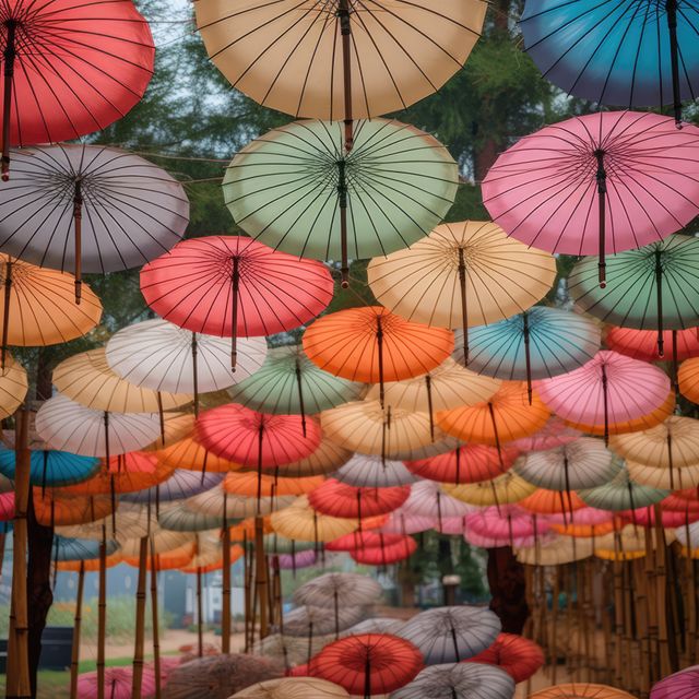Colourful chinese umbrellas hanging in nature, created using generative ai technology - Download Free Stock Photos Pikwizard.com