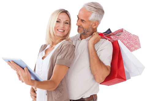 Happy Couple Shopping with Laptop and Bags on Transparent Background