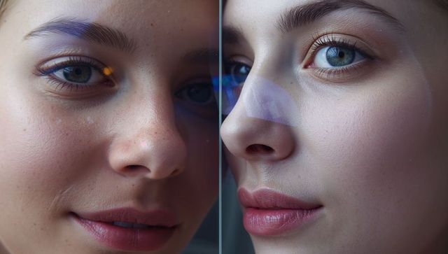 Closeup dual reflection young woman meeting mirror showing facial symmetry, clear eyes, lens flare
