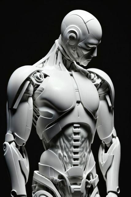 Shows a sleek, futuristic white humanoid robot against dark background, conveying themes of advanced technology, artificial intelligence, and innovation. This can be used for web design, presentations, marketing campaigns, and content related to futuristic technologies, robotics, and scientific advancements.
