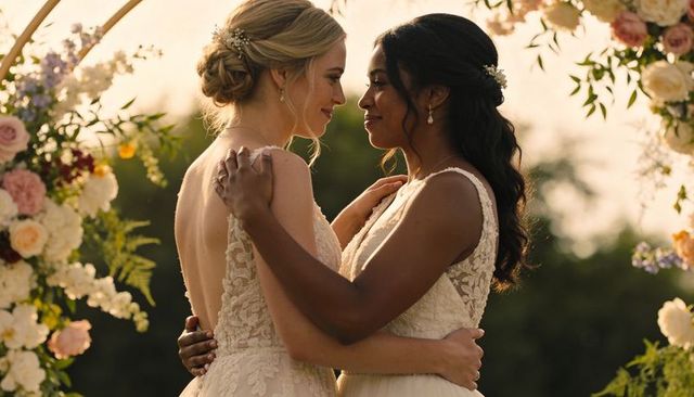 Romantic same-sex wedding embracing brides under floral arch at golden hour elegant lace