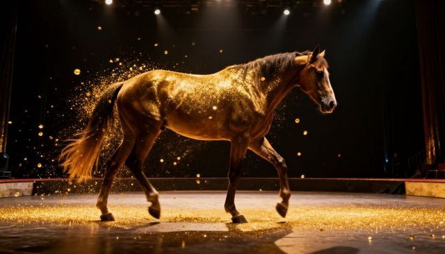 Golden glitter horse galloping on theater stage under dramatic spotlights